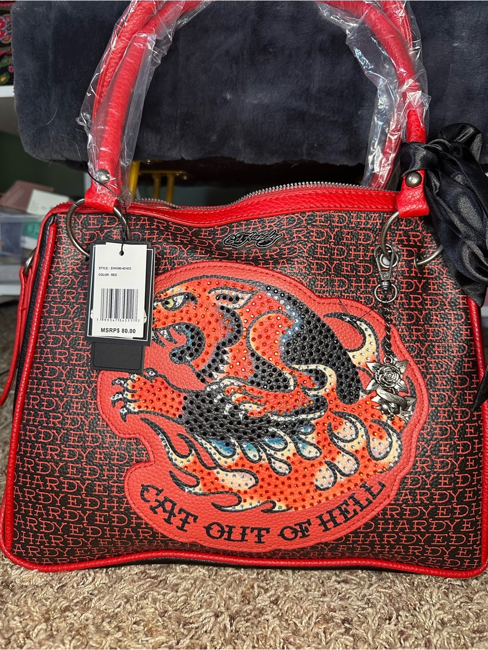 Ed Hardy Red and Black 'Cat Out of Hell' Studded Satchel - Picture 2 of 3